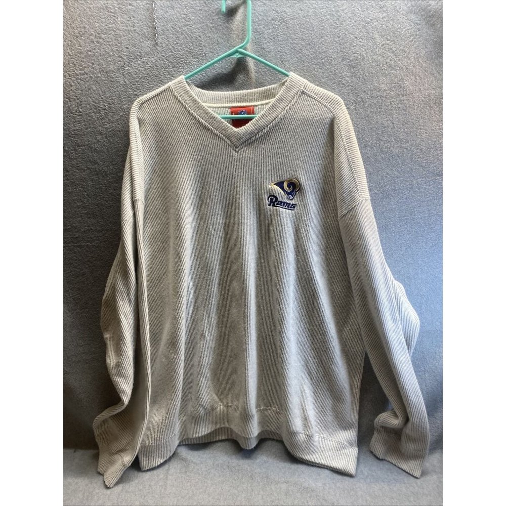 NFL Sz 2XL off White corded Striped V Neck Pull Over SWEATER RAMS Logo Shirt